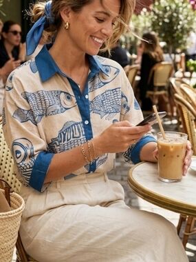 Blue & Cream Fish-Print Button-Up Shirt - Women